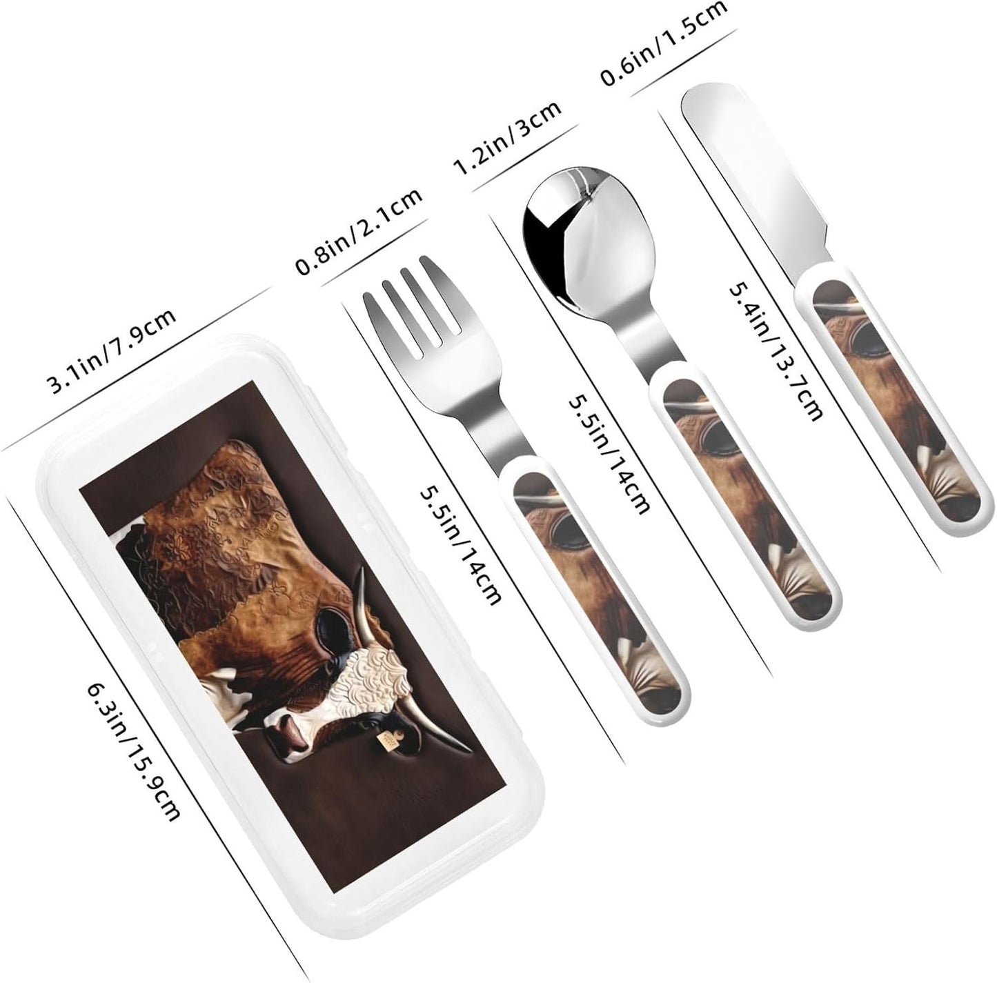 3-Piece Children Utensils Set Cow in brown leather Knife Spoon Fork Set Stainless Steel Silverware Set Easy-Grip Reusable Utensils Set Child Flatware Set with Case for Lunch Travel
