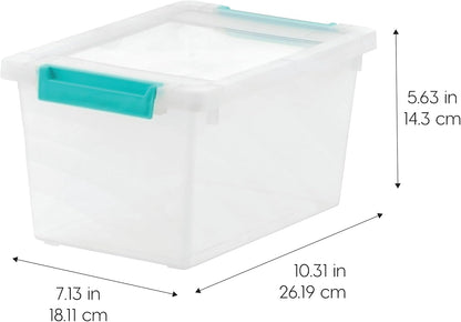 IRIS USA 12 Qt. Craft Storage Bins with Lids, 4-Pack, |Made in USA|, Clip Box, Medium Plastic Sensory Bin Tote Organizer Containers for Art Supplies, Paper, & Office, Stackable - Clear/Seafoam Blue