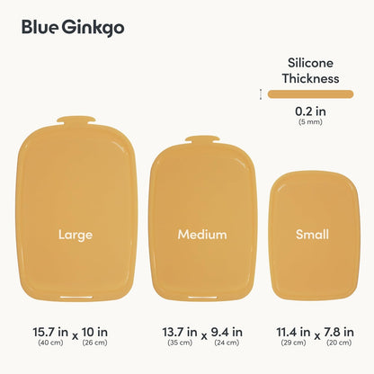 Blue Ginkgo Silicone Cutting Boards – Set of 3 (Small, Medium, Large) – Double-Sided, Thick, Flexible, Non-Slip, BPA Free – Juice Grooves, Dishwasher Safe (Made in Korea, Grey)