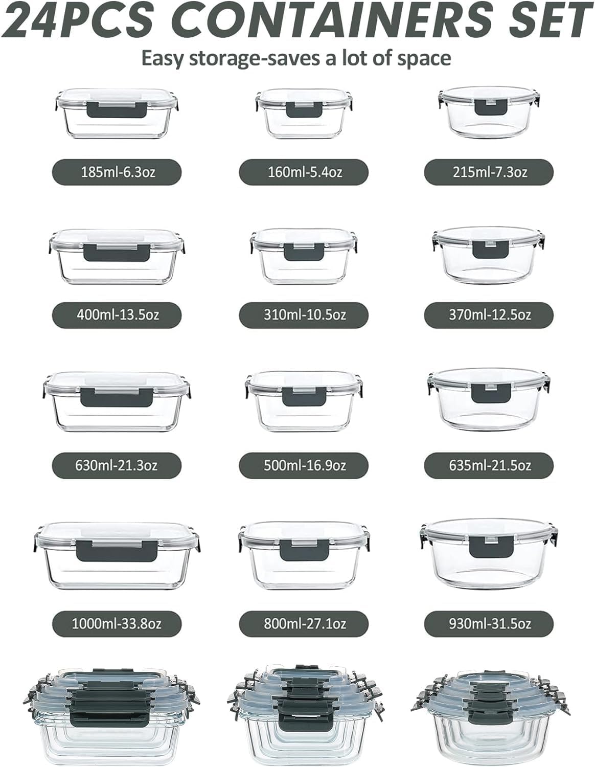 VERONES 30 Pieces Glass Meal Prep Containers Set, Stackable Glass Food Storage Containers with Lids-Airtight Lunch Containers，for Microwave, Oven, Freezer & Dishwasher,Grey