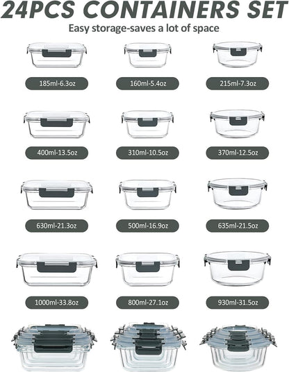 VERONES 30 Pieces Glass Meal Prep Containers Set, Stackable Glass Food Storage Containers with Lids-Airtight Lunch Containers，for Microwave, Oven, Freezer & Dishwasher,Grey