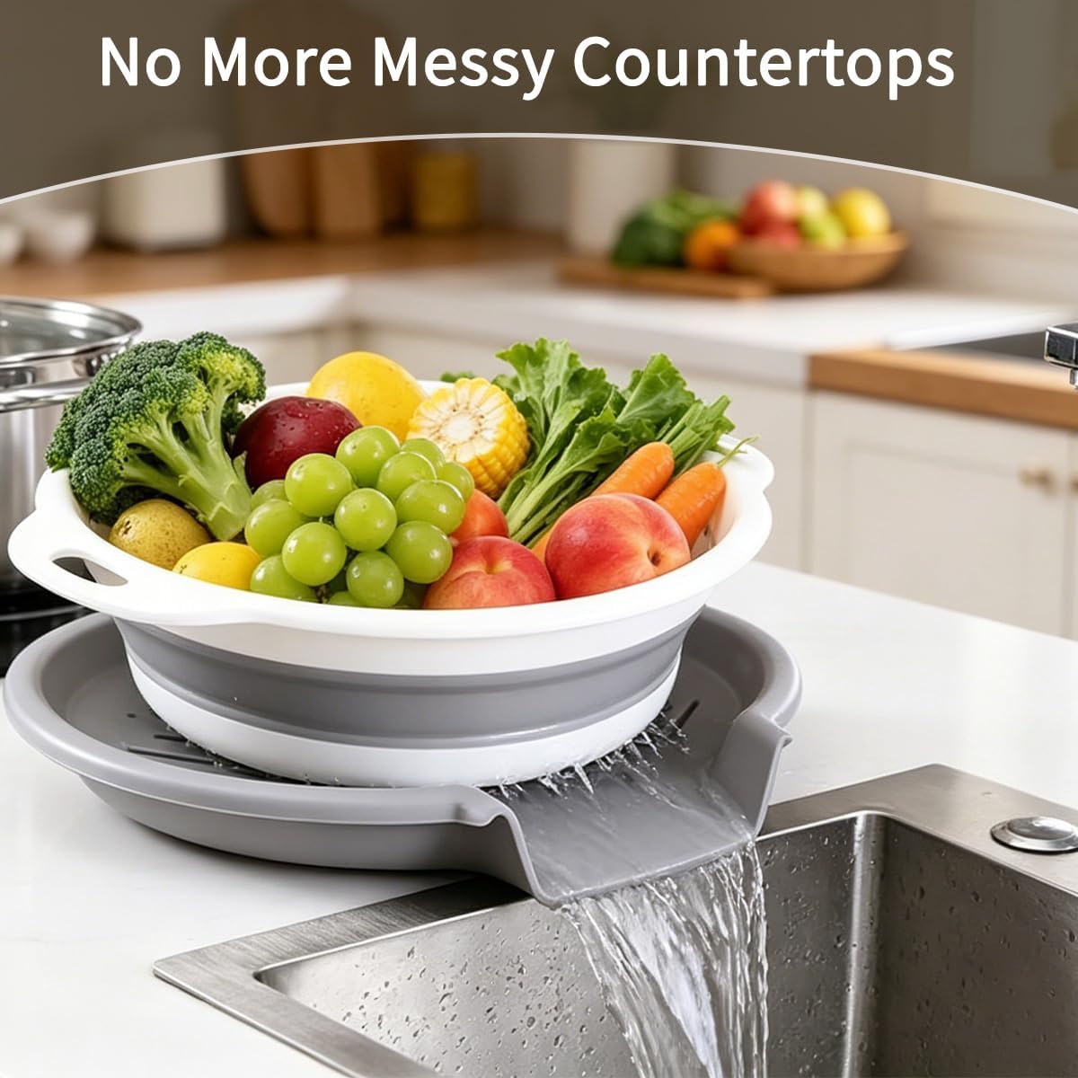 Collapsible Colanders Set of 4 - Food Strainers with Oversized Over Sink Draining Tray, Space Saving Foldable Kitchen Strainer Basket for Washing Vegetables, Fruit, Pasta & Rice, BPA-Free