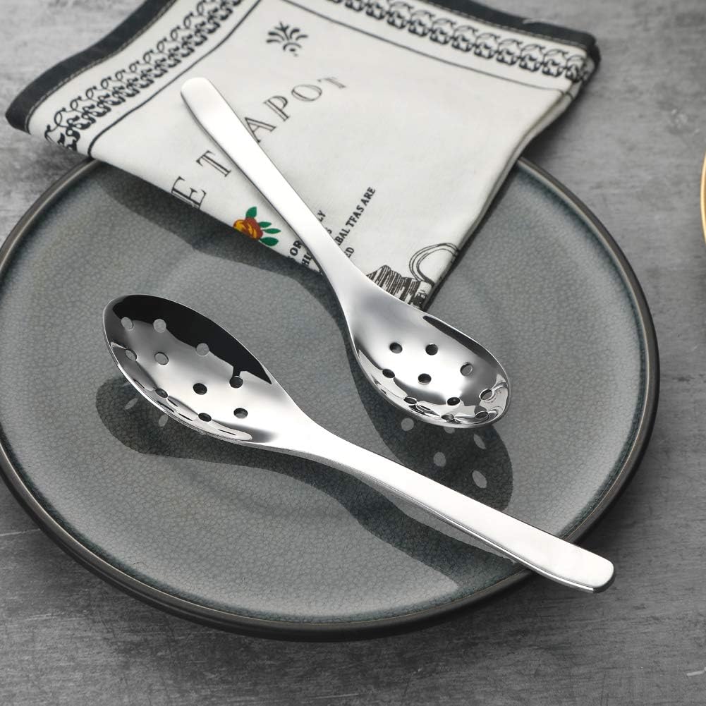 AOOSY Small Slotted Spoons,Modern Stylish Thick Heavy-weight Short handle Stainless Steel 10 Holes Durable Caviar Spoon for Soup Cereals Dips Curry Sauces Stews, Set of 2