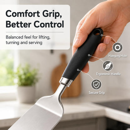 304 Stainless Steel Fish Spatula, Thin Flexible Slotted Turner | Non-Slip Ergonomic Handle, Metal Spatula for Fish, Eggs, Burgers, Cast Iron & Griddle, Black