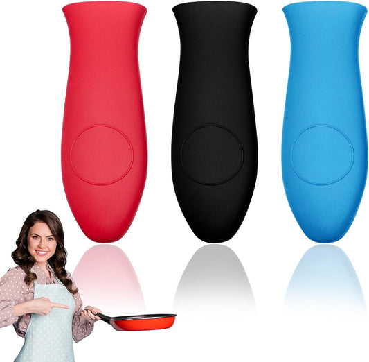Silicone Hot Handle Holders 3Pcs Rubber Pot Handle Sleeve,Heat Resistant Skillet Handle Cover for Metal Cookware Handles,Pans,Cast Iron Pot, Frying Pan(A-Red Black Blue)