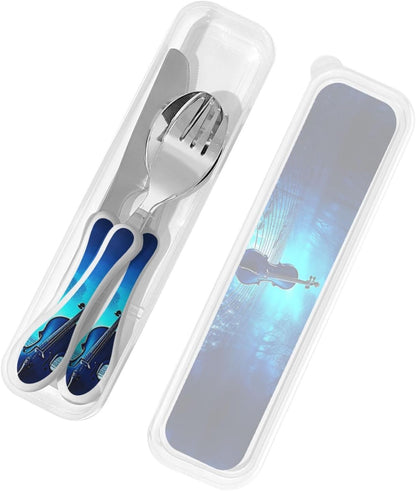 3-Piece Kids Silverware Set With Storage Case, Stainless Steel Reusable Children Safe Knife Spoon Fork Set Blue Lotus Floral Children Flatware Set For Kids Lunch Box