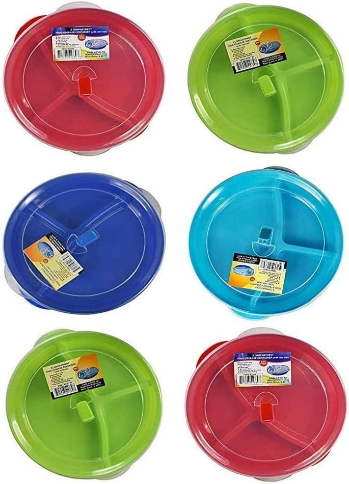 (Set of 6) Microwave Food Storage Tray Containers - 3 Section/Compartment Divided Plates w/Vented Lid (.1 Pack of 6)