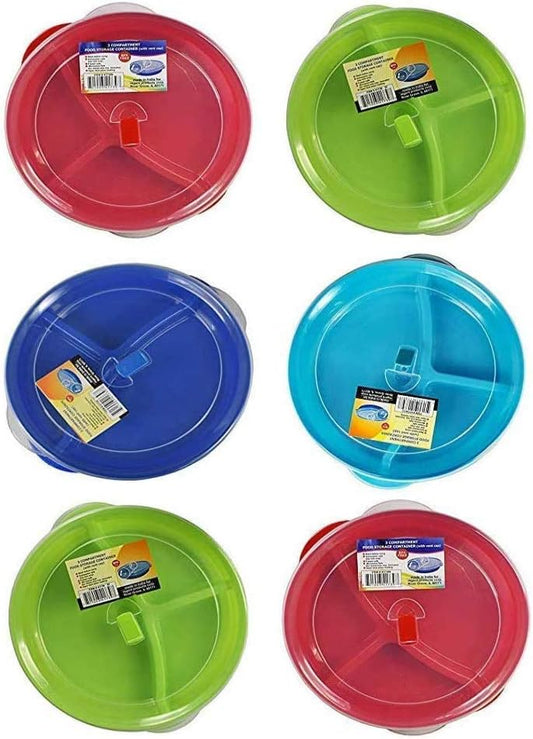 (Set of 6) Microwave Food Storage Tray Containers - 3 Section/Compartment Divided Plates w/Vented Lid (.1 Pack of 6)