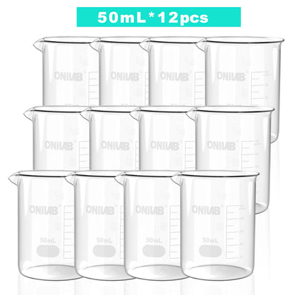 ONiLAB Glass Measuring Beaker Set 50ml 100ml 250ml (Pack of 3) 3.3 Boro Griffin Low Form with Printed Graduation Scientific Glassware for Laboratories, Classrooms or Home Use 13900244