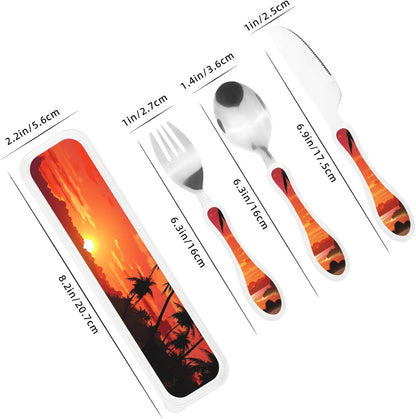 3-Piece Kids Silverware Set With Storage Case, Stainless Steel Reusable Children Safe Knife Spoon Fork Set Tropical Sunset Seaside Children Flatware Set For Kids Lunch Box