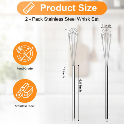 2‑Pcs 11‑Inch Mini Whisk, Small Whisk with Long‑Handle
