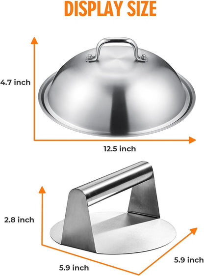 HOMENOTE Griddle Accessories for Blackstone, Commercial Grade 12 Inch Heavy Duty Melting Dome with Round Cast Iron Smash Burger Press Perfect for Flat Top Hibachi Grill Outdoor Indoor