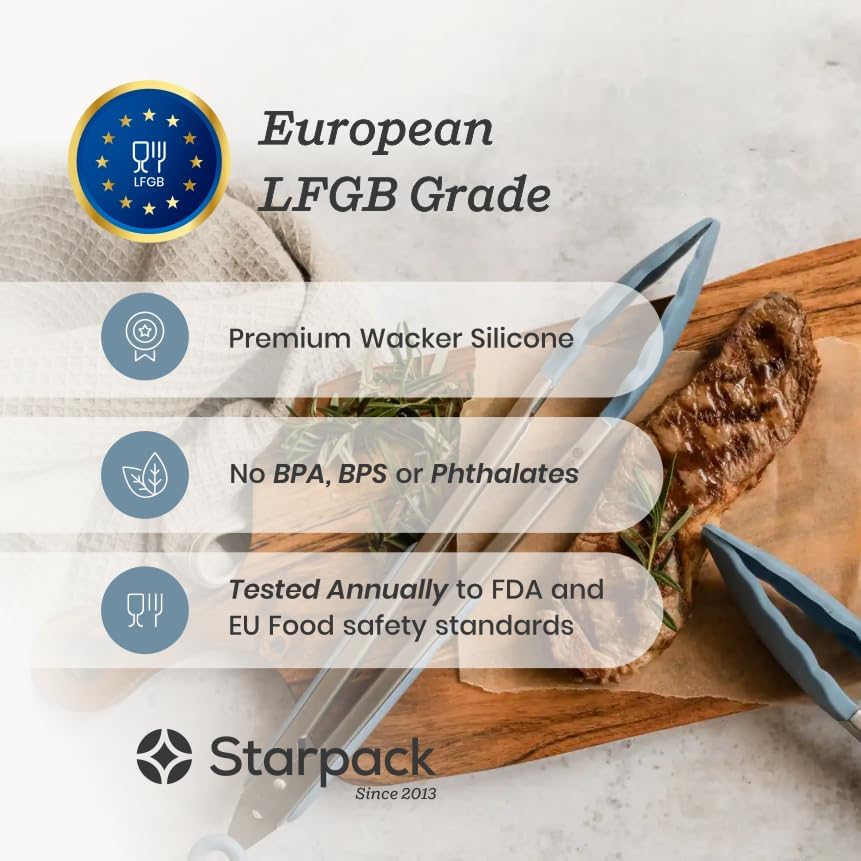 Starpack Get a Grip Silicone Kitchen Tongs (2-Pack, 9" + 12") - LFGB Non Toxic, 600°F Heat Resistant, BPA-Free - Heavy-Duty Stainless Steel, Locking - Dishwasher Safe for Nonstick Cookware