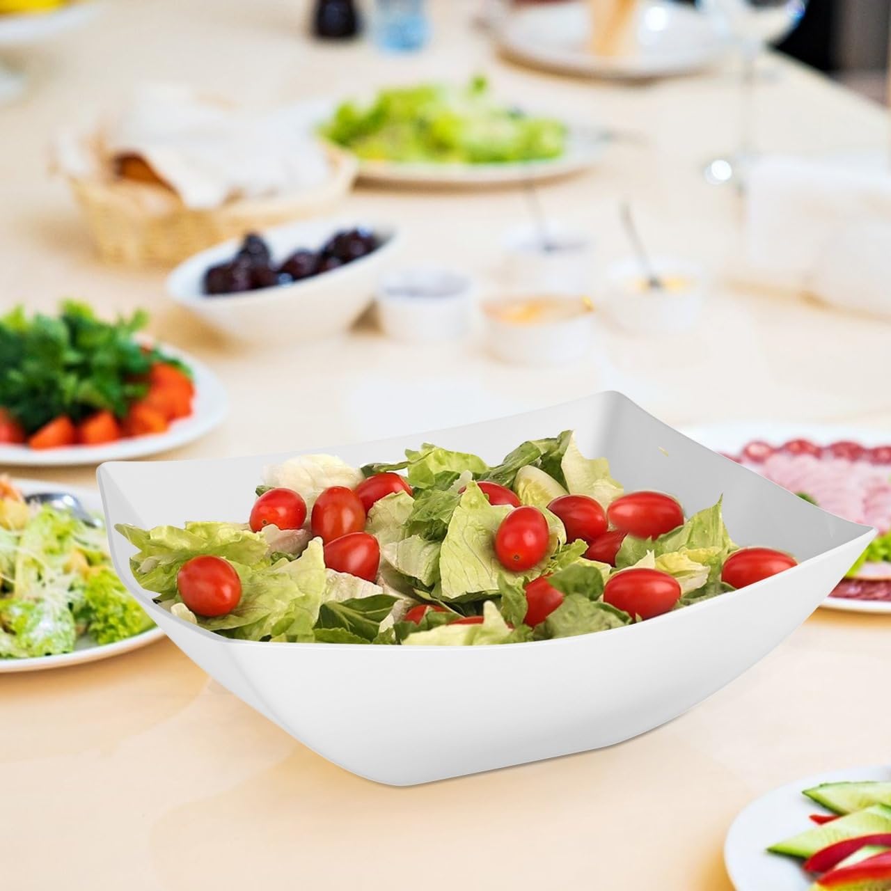 R-kay 6 Pack Square Plastic Serving Bowls - Clear Plastic bowls 16 Oz - Disposable Serving Bowls Heavy Duty For Weddings Catering And Birthday parties