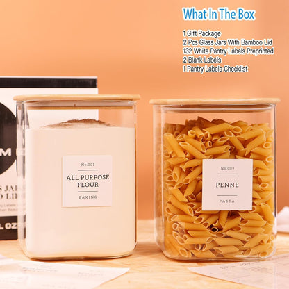 CZZGSM 2 Pack Square Glass Flour and Sugar Containers with 132 Kitchen Pantry Labels - Thicken 149 FL OZ Large Glass Storage Jars with Airtight Bamboo Lid - Big Food Canisters for Rice, Pasta, Cookie