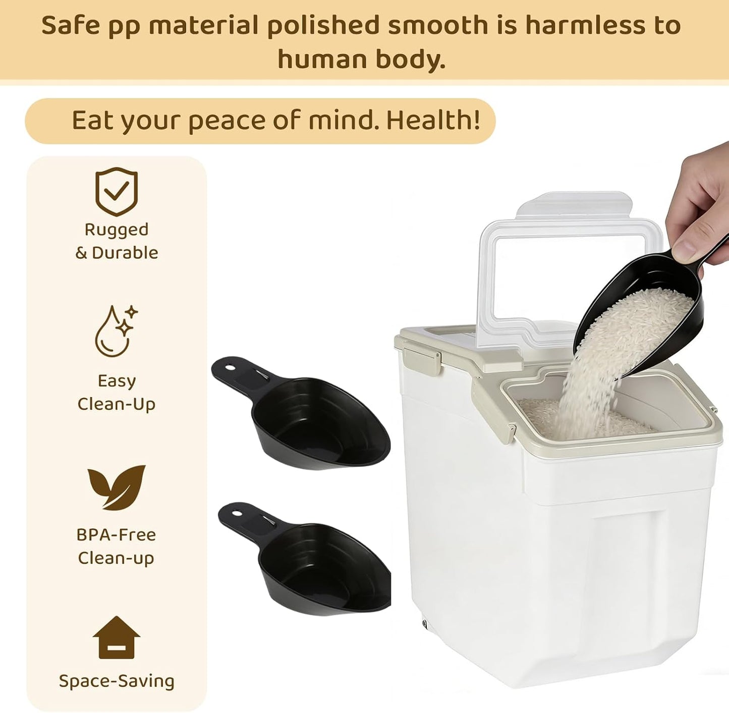 Rice Storage Container 25 lbs, Grey, 2 Pack | Airtight, with Wheels, Locking Lid, Measuring Cup Included, for Flour Sugar Grain Cereal