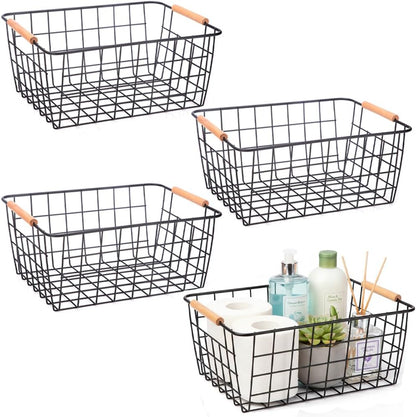 Metal White Wire Basket,Food Storage Organizer with Wooden Handles, pantry organizers and storage for Organizing Kitchen Cabinets potato onion, 2 Packs