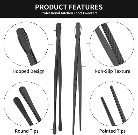 DEHOV 12 Inch Gold Stainless Steel Kitchen Tweezers For Cooking Tongs Set of 2, Metal Long Food Tweezers, BBQ Grill Tongs For Pasta