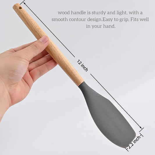 LorisArm Large Wooden Handle Spatula Set, 12" Rubber Spatula 4-Pack Nonstick Silicone Spatulas for Baking Cooking and Mixing, Jar Scraper (Grey, Green, White, Black).