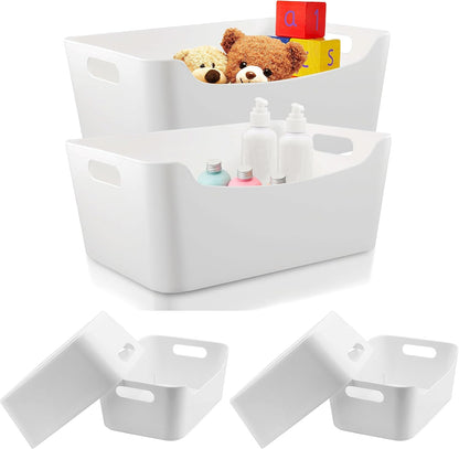 2 Pack Large Plastic Storage Bins with Handles, Versatile 13.7x10.2x5.7 Inch White Organizer Containers for Kitchen, Pantry, Closet, Bathroom, Office, Cabinet, Drawer, Snack, Toy & Makeup Organization