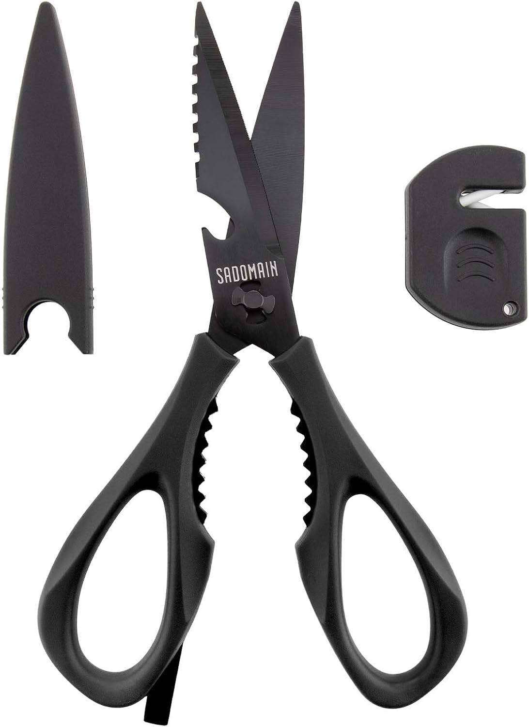 Kitchen Scissors All Purpose, Extra Sharp Kitchen Shears with Knife Sharpener & Sheath, Solid & Durable Stainless Steel Scissors with ANTI-RUST Black Titanium Plated, Dishwasher Safe - Black