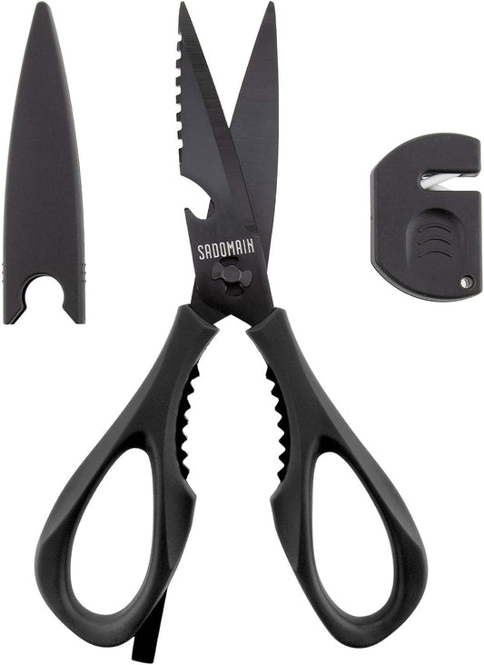 Kitchen Scissors All Purpose, Extra Sharp Kitchen Shears with Knife Sharpener & Sheath, Solid & Durable Stainless Steel Scissors with ANTI-RUST Black Titanium Plated, Dishwasher Safe - Black