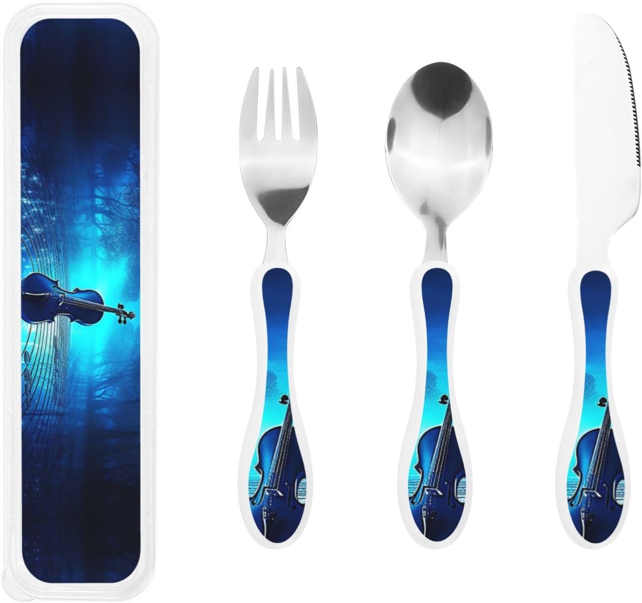 3-Piece Kids Silverware Set With Storage Case, Stainless Steel Reusable Children Safe Knife Spoon Fork Set Blue Lotus Floral Children Flatware Set For Kids Lunch Box