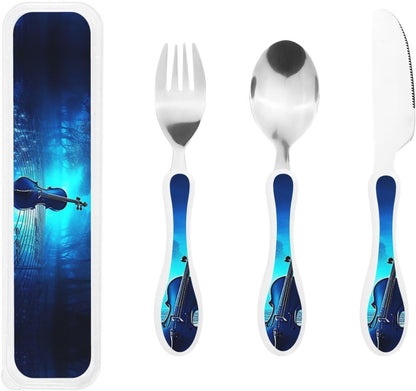 3-Piece Kids Silverware Set With Storage Case, Stainless Steel Reusable Children Safe Knife Spoon Fork Set Blue Lotus Floral Children Flatware Set For Kids Lunch Box