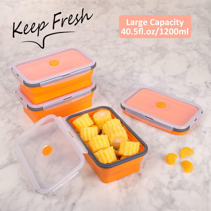 Collapsible Food Storage Containers with Lids, 4 Pack, 40 oz Silicone 1-Compartment Meal Prep Containers Reusable, Lunch Bento Boxes for Adults, Microwave Freezer Dishwasher Safe, BPA-Free, Black