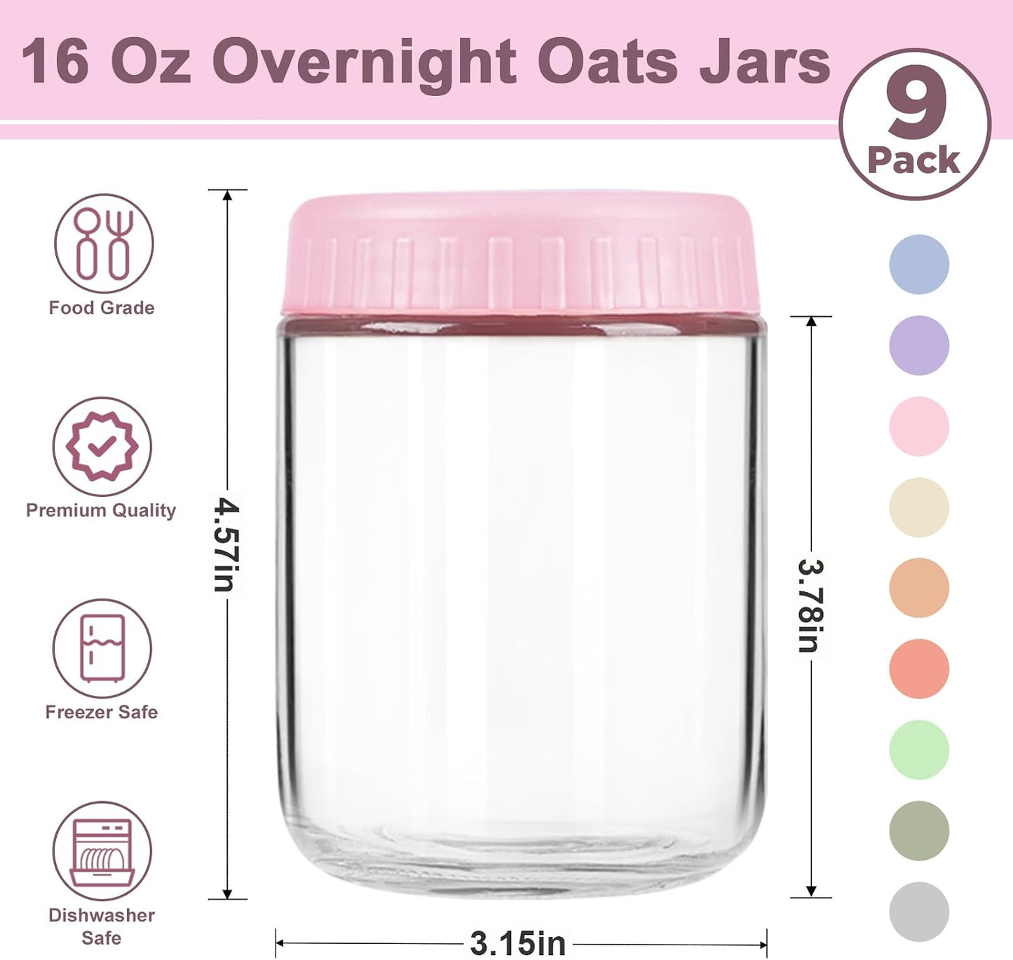 Overnight Oats Containers with Lids, 10oz Wide Mouth Mason Jars with Lids, 9 Pack Glass Jars with Airtight lid for Chia Pudding Yogurt Salad, Meal Prer Oatmeal Jars, Pink