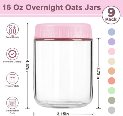 Overnight Oats Containers with Lids, 10oz Wide Mouth Mason Jars with Lids, 9 Pack Glass Jars with Airtight lid for Chia Pudding Yogurt Salad, Meal Prer Oatmeal Jars, Pink