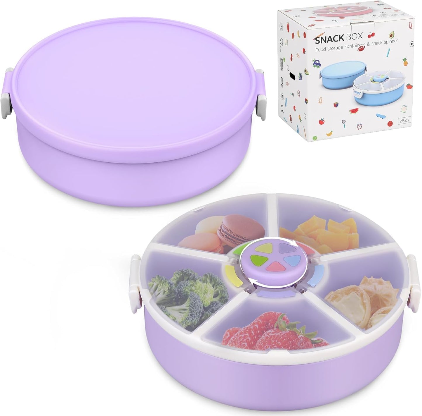 JOOPETALK Kids Reusable Rotating Snack Container with 5 Separate Compartments, Color Matching Opening Lid, BPA/PVC-Free, Dishwasher Safe, Perfect for Travel, School Lunches & On-the-Go Snacking-Purple
