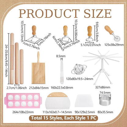 UNICRAFTALE 15Pcs Wooden Pasta Making Kit Ravioli Stamp Set Gnocchi Board Wood Threaded Rolling Pin Dumpling Press Mold Pasta Cutter Wheel Drying Rack for Homemade Spaghetti Dumplings Rice Dumpling