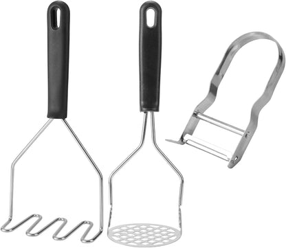 3pcs Potato Masher Tool, Stainless Steel Wavy and Round Mashed Potato Smasher with Paring Knife Masher Kitchen Tool for Avocado Vegetables Meat Beans
