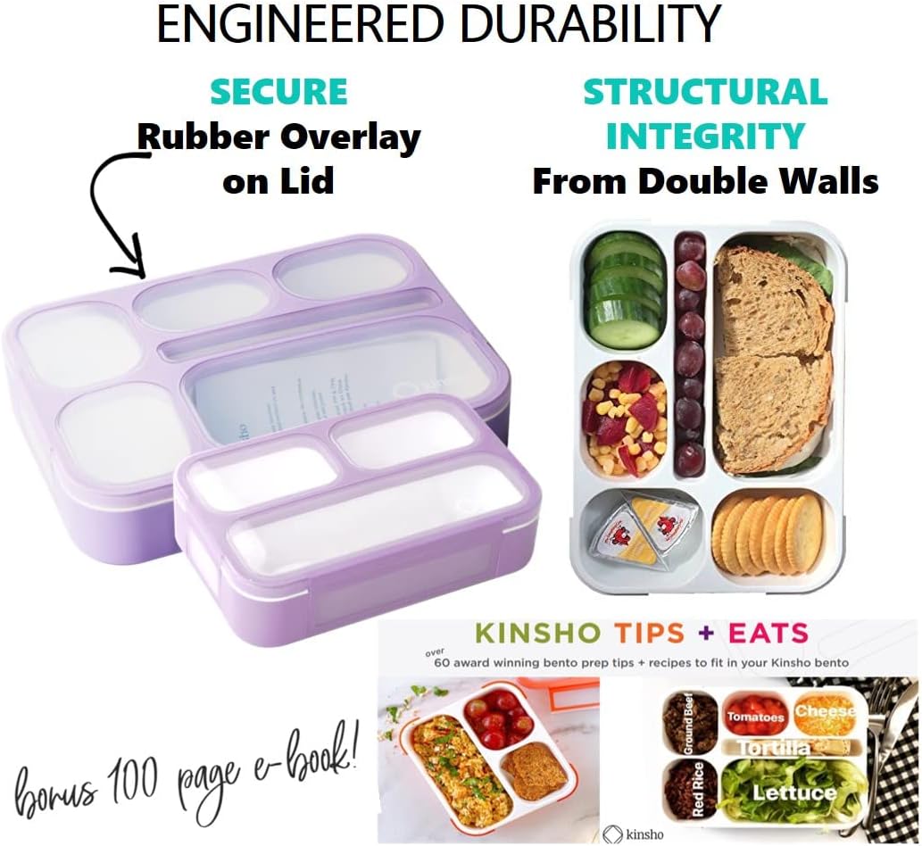 kinsho Bento Lunch-Box Set for Kids includes Snack Container | 6 and 3 Compartment Boxes Leakproof School Bentos, Meal Portion Control Containers, Boys Girls Adults, Navy Blue Large + MINI 2 Pack Set