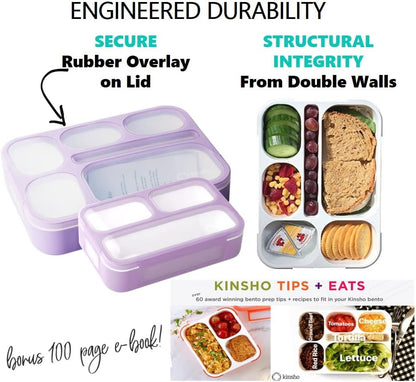 kinsho Bento Lunch-Box Set for Kids includes Snack Container | 6 and 3 Compartment Boxes Leakproof School Bentos, Meal Portion Control Containers, Boys Girls Adults, Navy Blue Large + MINI 2 Pack Set