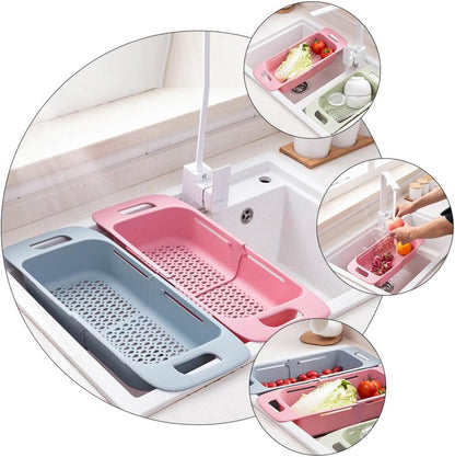 Cabilock Extendable Over The Sink Colander Fruits and Vegetables Drain Basket Expandable Dish Drying Rack Adjustable Trainer Sink Washing Basket for Kitchen