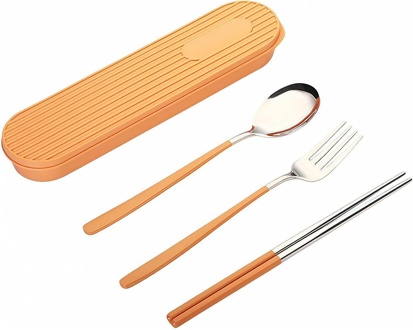 3-Piece Reusable Cutlery Set with Case - Stainless Steel, Heart-Shaped, Includes Chopsticks, Knife, Fork, Spoon, Travel & Camping (ORANGE)