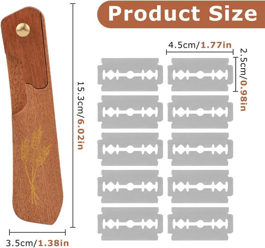 Wooden Bread Lame,Reusable Dough Scoring Tool,Sourdough Scoring Tool with Screw Lock & 10 Razor Blades,Handcrafted Bread Scoring-Tool for Sourdough Breads Baking
