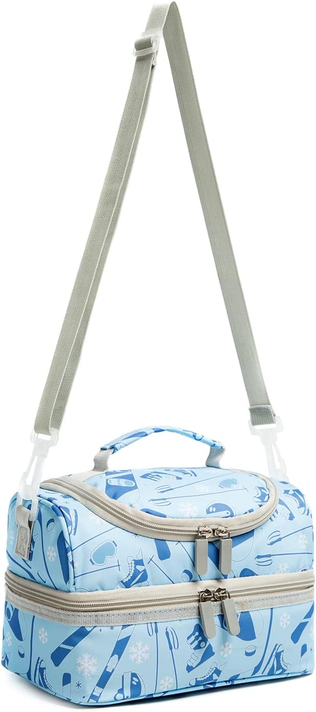 Insulated Kids Dual Compartment Lunch Bags Tote Pack for Girls Boys Toddler Kindergarten School Picnic Cooler Thermal Lunch Boxes with Strap (Green Rainbow)