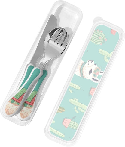 3-Piece Kids Silverware Set With Storage Case, Stainless Steel Reusable Children Safe Knife Spoon Fork Set Alpaca Cactus Children Flatware Set For Kids Lunch Box