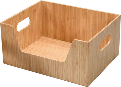 Bamboo Storage Box with Open Front Stackable Bin Organizer to use in kitchen pantries, cabinets and countertops, 14 x 11 x 6.5 inches