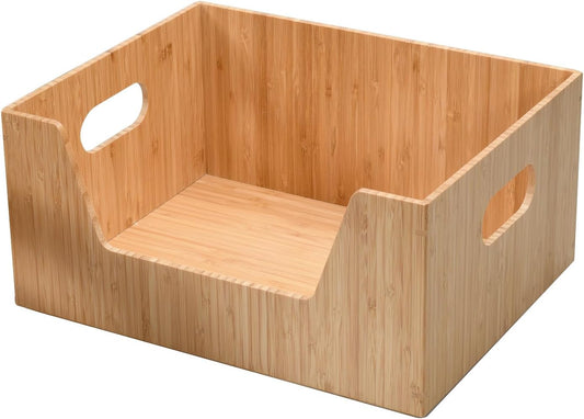 Bamboo Storage Box with Open Front Stackable Bin Organizer to use in kitchen pantries, cabinets and countertops, 14 x 11 x 6.5 inches