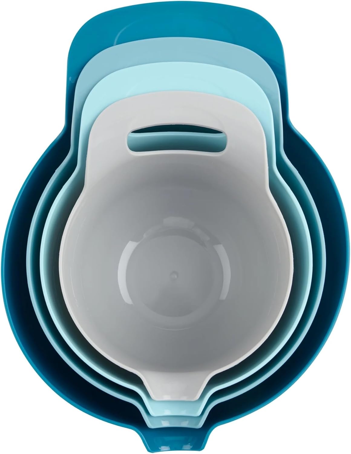 Four-piece nested plastic mixing bowl set with pour spout and handle, blue