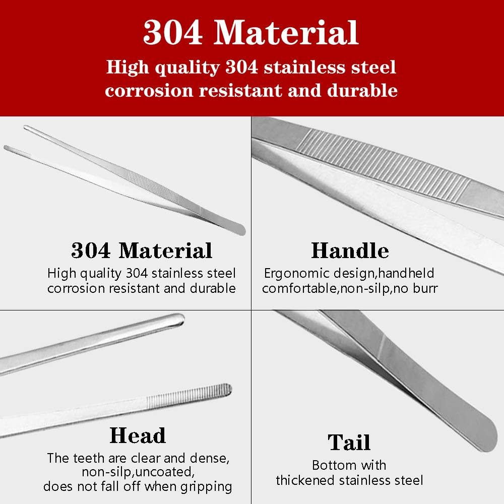 Kitchen Tweezers Stainless Steel 8 Inch Long Tweezers Tongs, Heavy Duty large food tweezers with Precision Serrated Tips for Cooking(8" Straight+Curved)