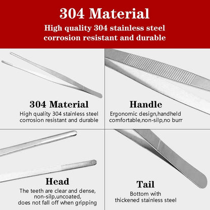 Kitchen Tweezers Stainless Steel 8 Inch Long Tweezers Tongs, Heavy Duty large food tweezers with Precision Serrated Tips for Cooking(8" Straight+Curved)