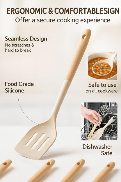 14-Piece Silicone Cooking Utensil Set with Wooden Handles & Storage Holder – Heat-Resistant, Non-Stick Safe, Oven Safe – White