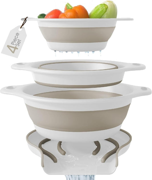 Gevoli 3-Pack Collapsible Colanders with Self-Draining Base, Over Sink-edge Silicone Food Strainers, Small/Med/Large Sizes, Nesting for Easy Compact Storage (3Qt, 4Qt, 5-Quart Set) Green/Gray
