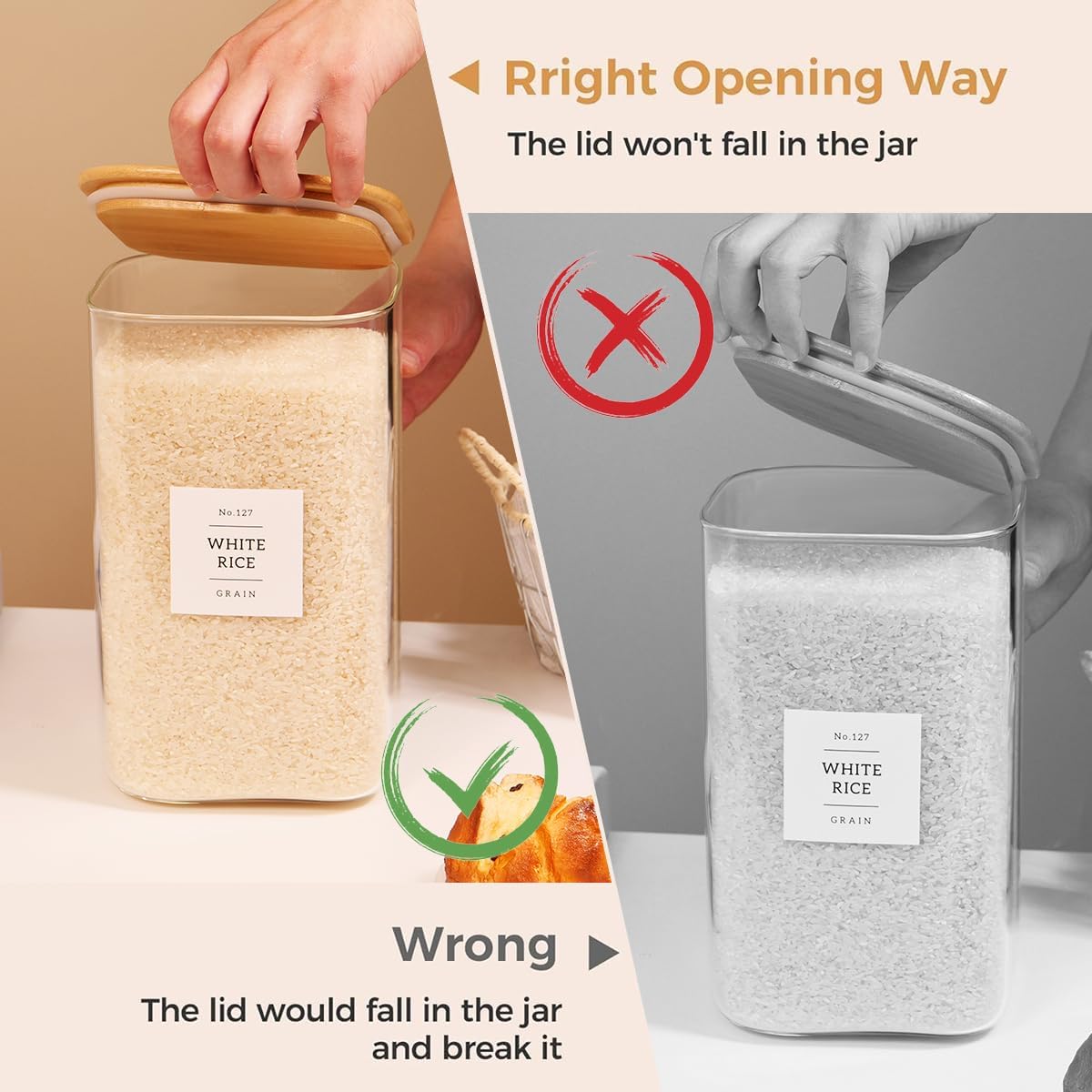 2 Pack large Square Glass Flour and Sugar Containers with 132 Kitchen Pantry Labels - 149 floz & 71 floz - Glass Jars with Airtight Bamboo Lid - Glass Rice Canisters for Coffee, Pasta, Cookie, Cereal