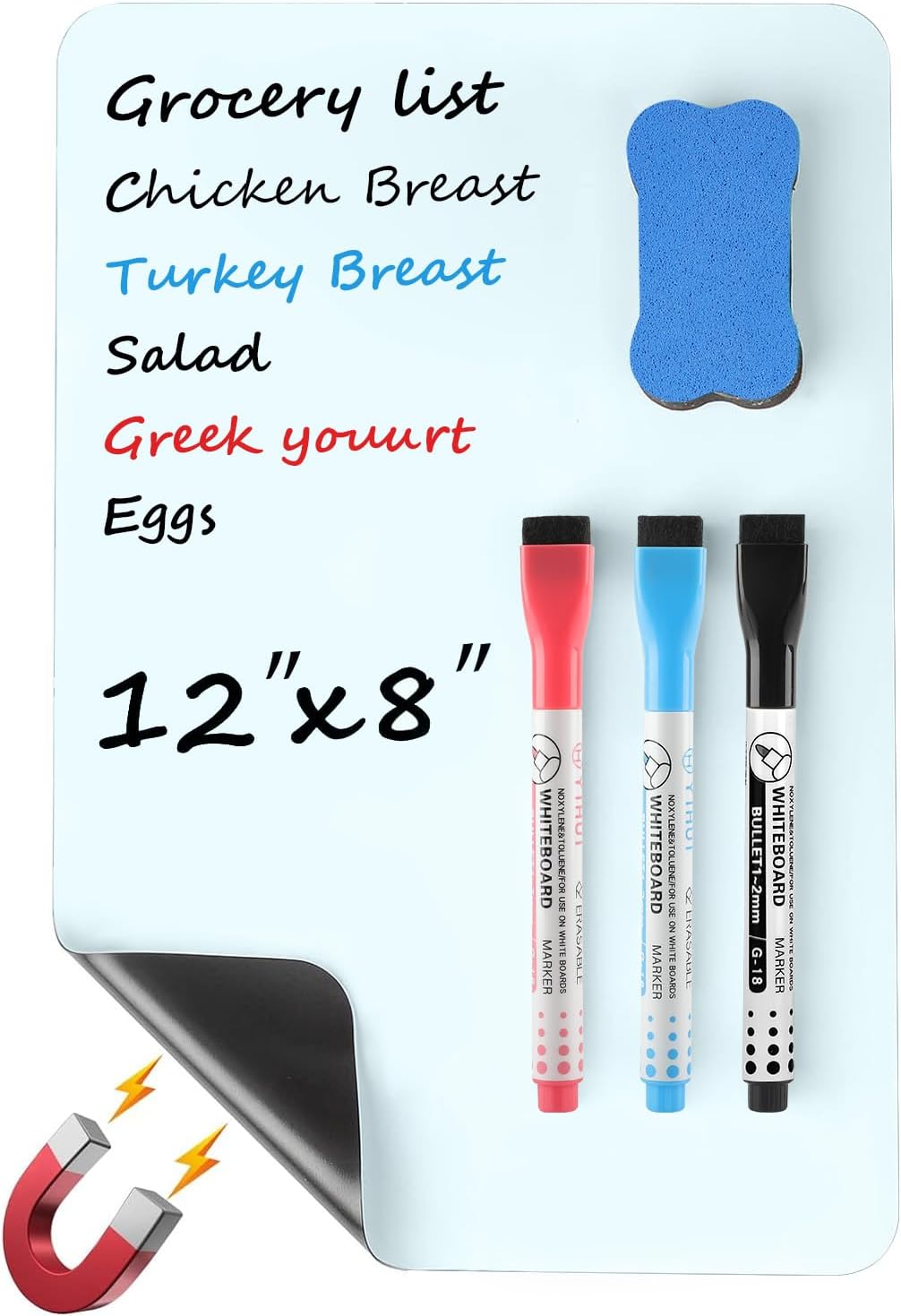 MaxGear Small Magnetic Dry Erase Board Sheet for Refrigerator, Fridge Whiteboard for Kitchen, 12"x8" White Board Organizer and Planner with Stain Resistant Technology, Include 1 Eraser, 3 Markers